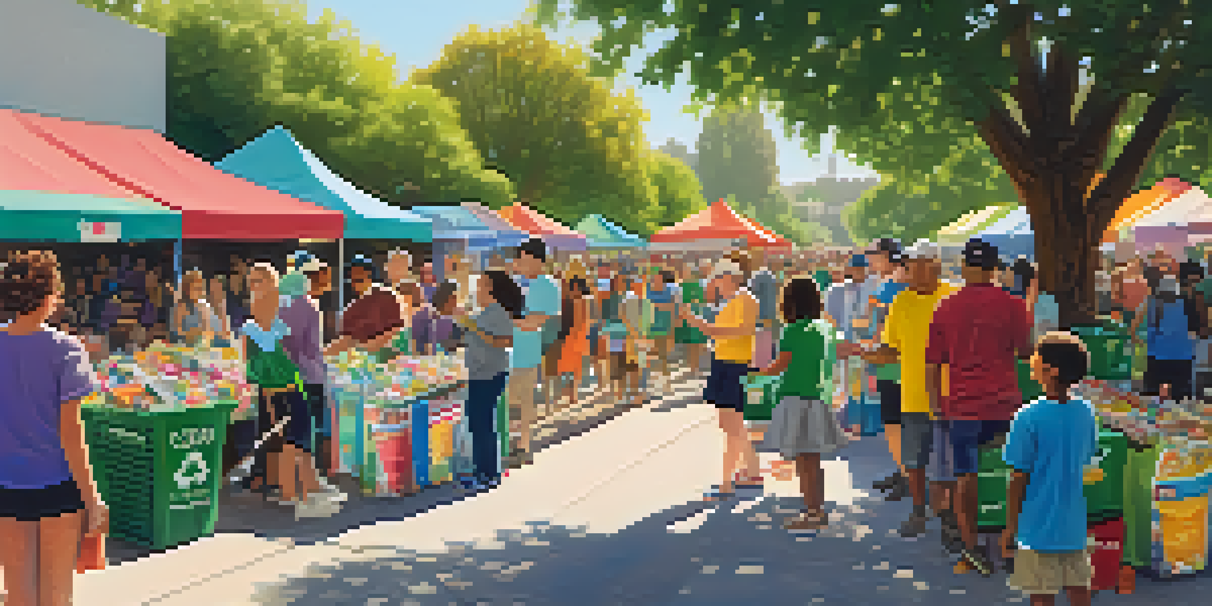 Residents of Pasadena actively participating in a recycling drive, surrounded by colorful banners and sorting recyclable materials under sunny skies.