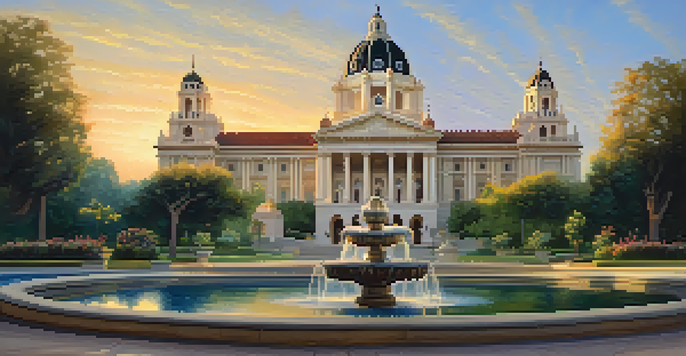 A beautiful view of Pasadena's City Hall with a grand dome, surrounded by lush gardens and a fountain, bathed in golden sunlight.
