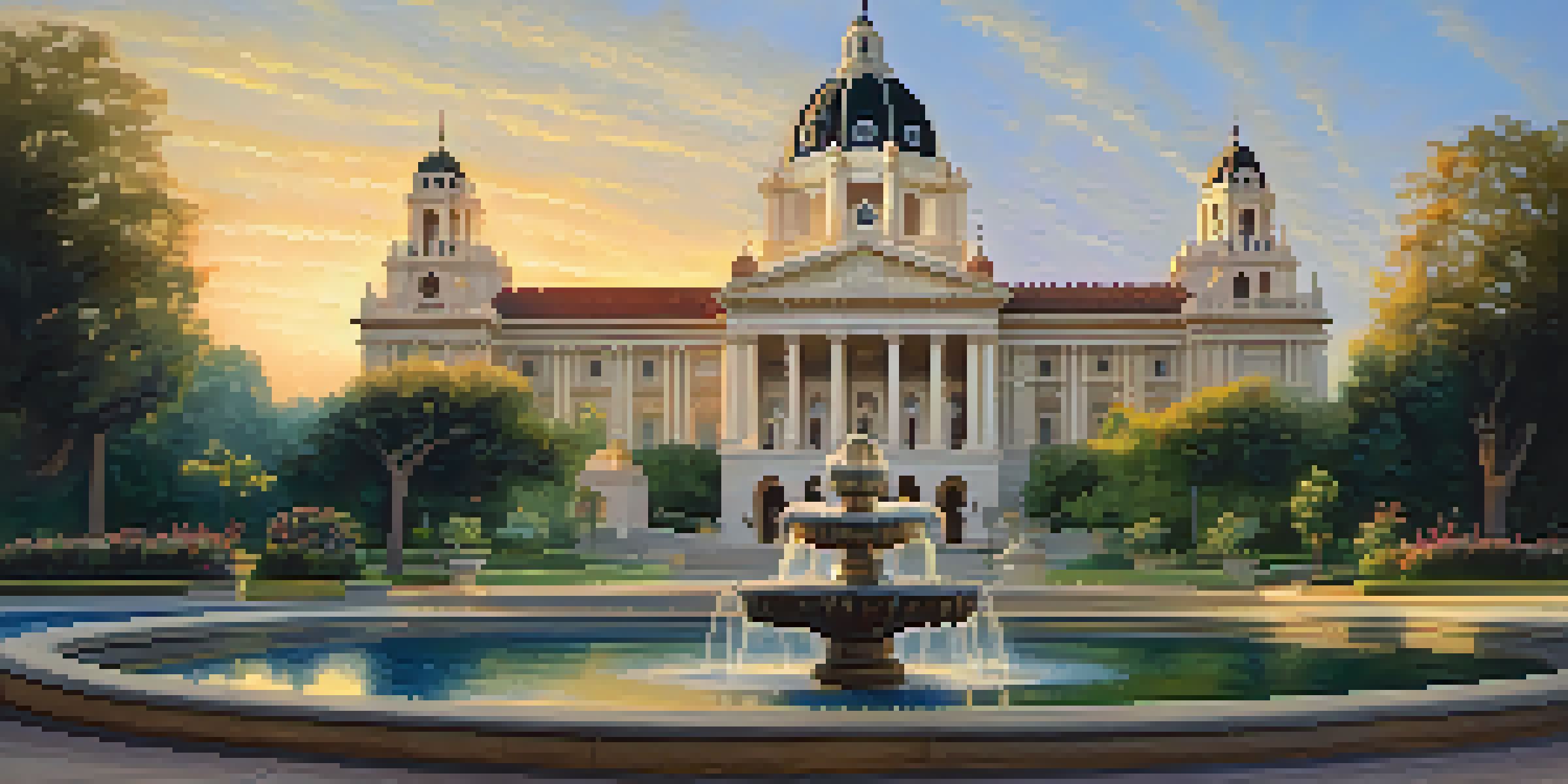 A beautiful view of Pasadena's City Hall with a grand dome, surrounded by lush gardens and a fountain, bathed in golden sunlight.