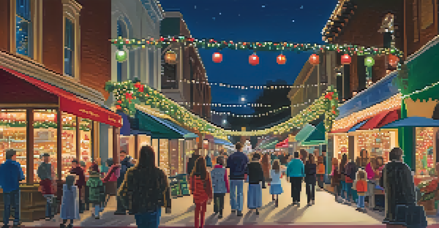 A lively street scene in Old Pasadena showcasing colorful holiday decorations and families enjoying the festive atmosphere.