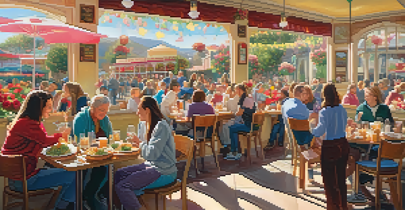 A busy café during the Rose Parade with people enjoying food and drinks, decorated with rose-themed decorations.