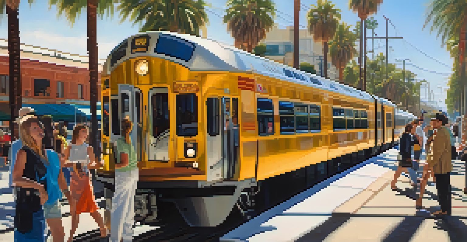 A modern Metro Gold Line train in Pasadena with people at a busy station, set against a clear blue sky and palm trees, showcasing urban life.