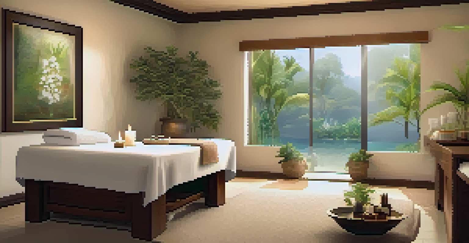 A calming spa room with soft lighting, a massage table, and essential oils for relaxation.
