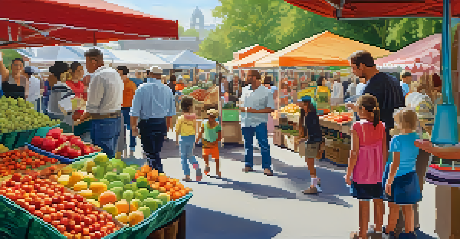 A family exploring a farmer's market, with children tasting fruits and parents interacting with a vendor, amidst a vibrant atmosphere.