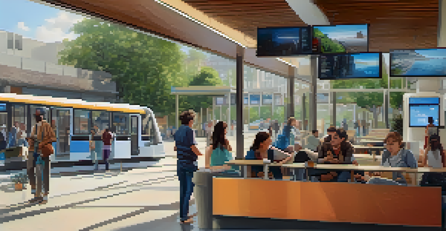 A cozy lounge in Pasadena's Mobility Hub with comfortable seating and a coffee kiosk, where diverse people are waiting for their transit with digital screens in the background.