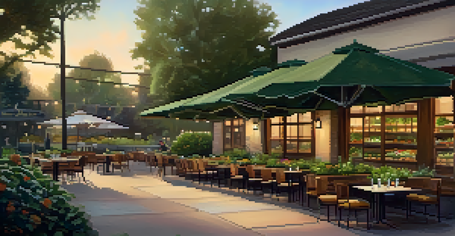A charming outdoor seating area of a farm-to-table restaurant with fresh herbs and seasonal flowers, illuminated by soft evening light.