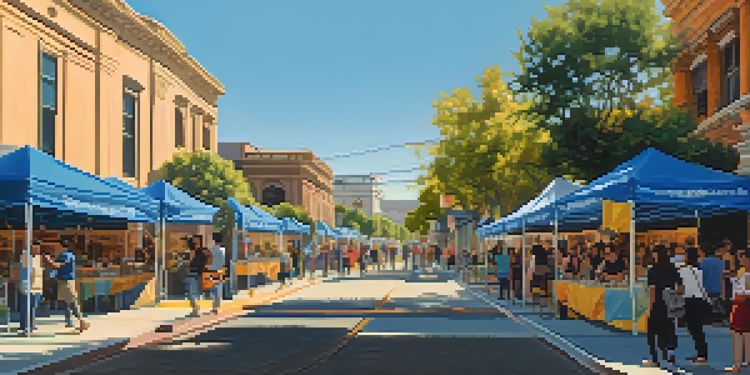A lively street scene in Pasadena during a digital media festival, with creators interacting and colorful banners in the background.