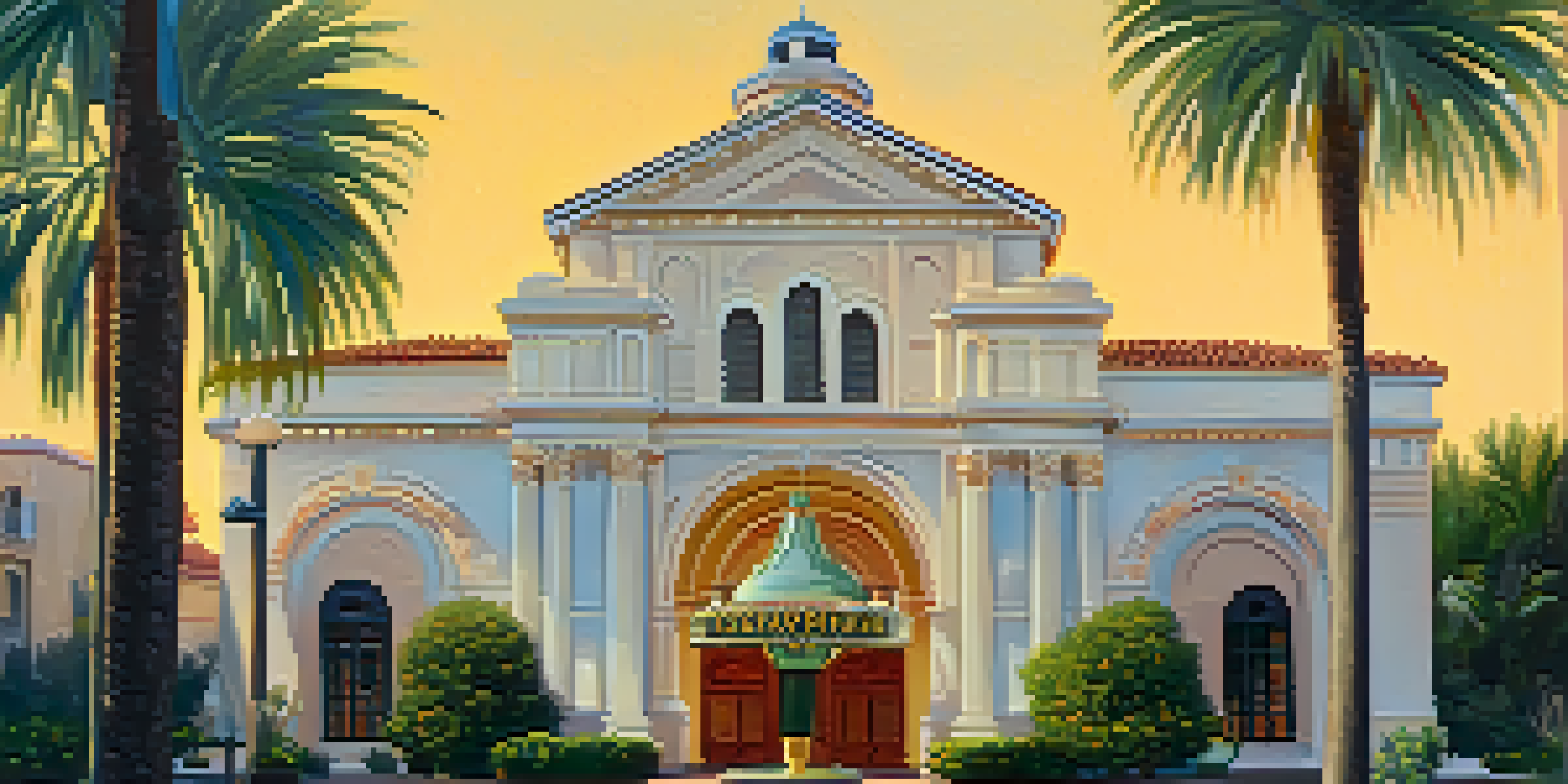 A view of the Pasadena Playhouse highlighting its beautiful architecture and surrounding flora during sunset.