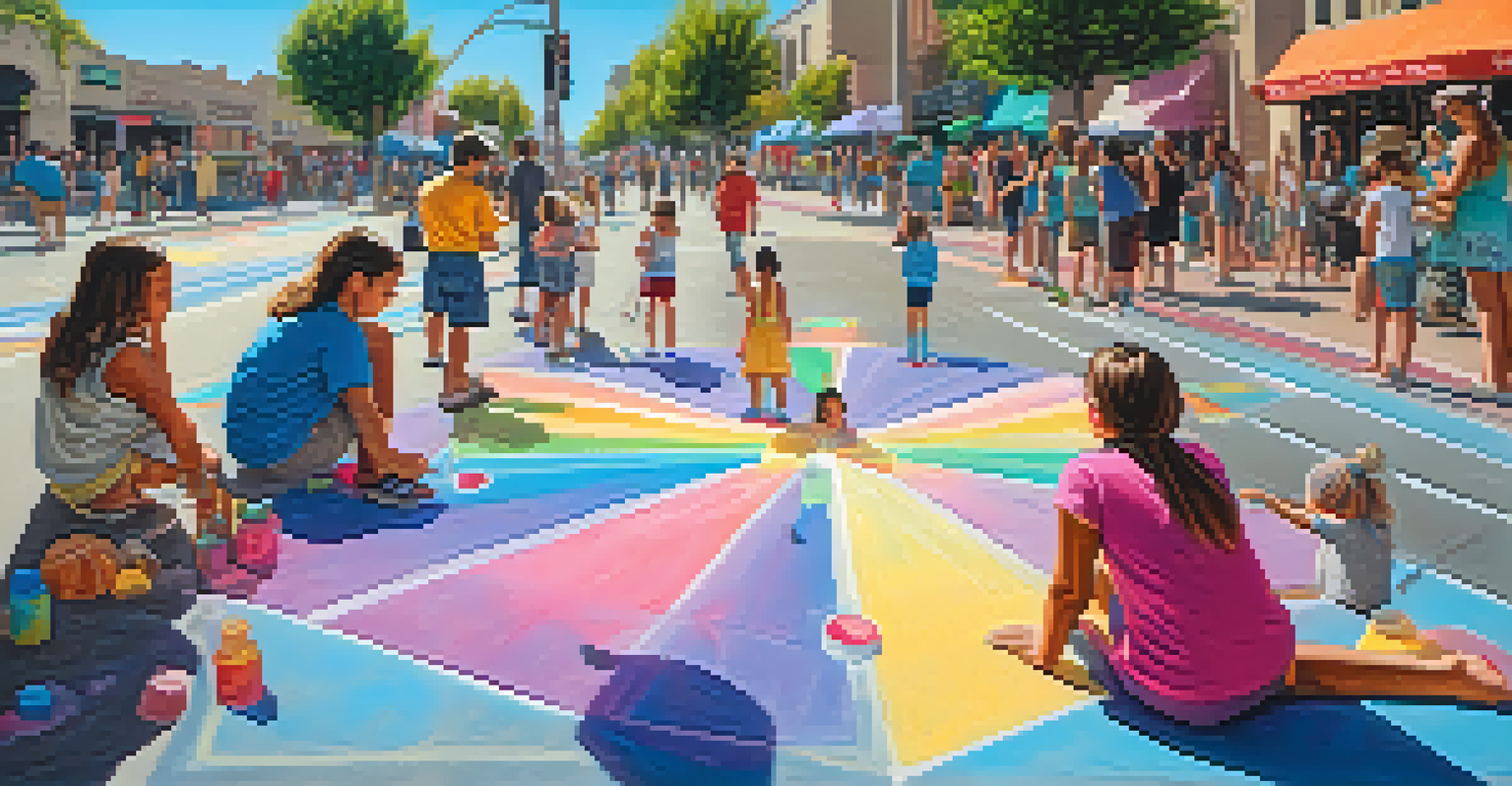Families and artists creating colorful chalk art on sidewalks during the Pasadena Chalk Festival, under a blue sky.