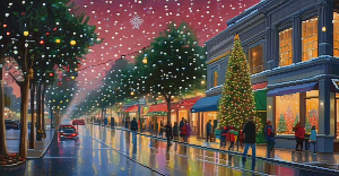 A picturesque street in Pasadena decorated with colorful holiday lights and falling snowflakes, creating a winter wonderland ambiance.