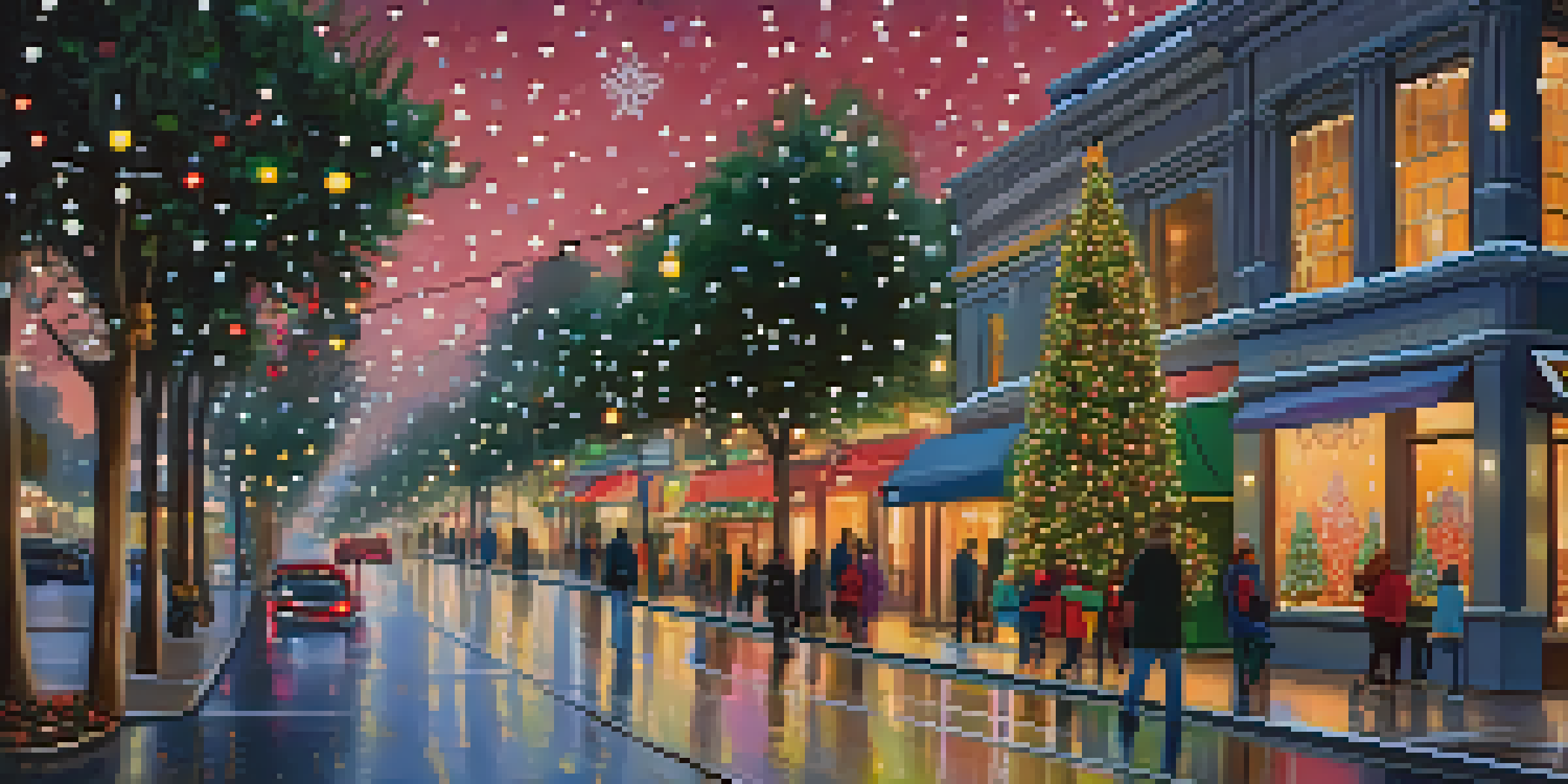 A picturesque street in Pasadena decorated with colorful holiday lights and falling snowflakes, creating a winter wonderland ambiance.