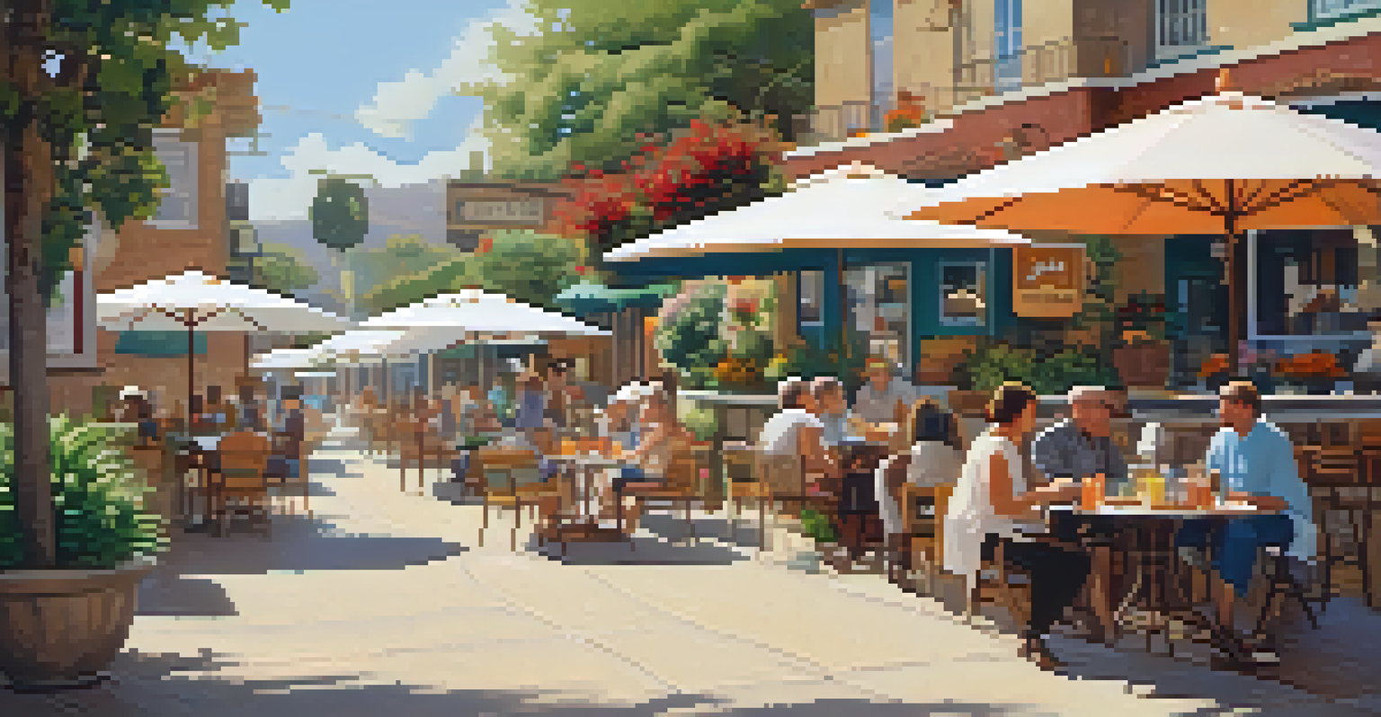 A lively café with outdoor seating, colorful umbrellas, and customers enjoying coffee and pastries in Bungalow Heaven, Pasadena.