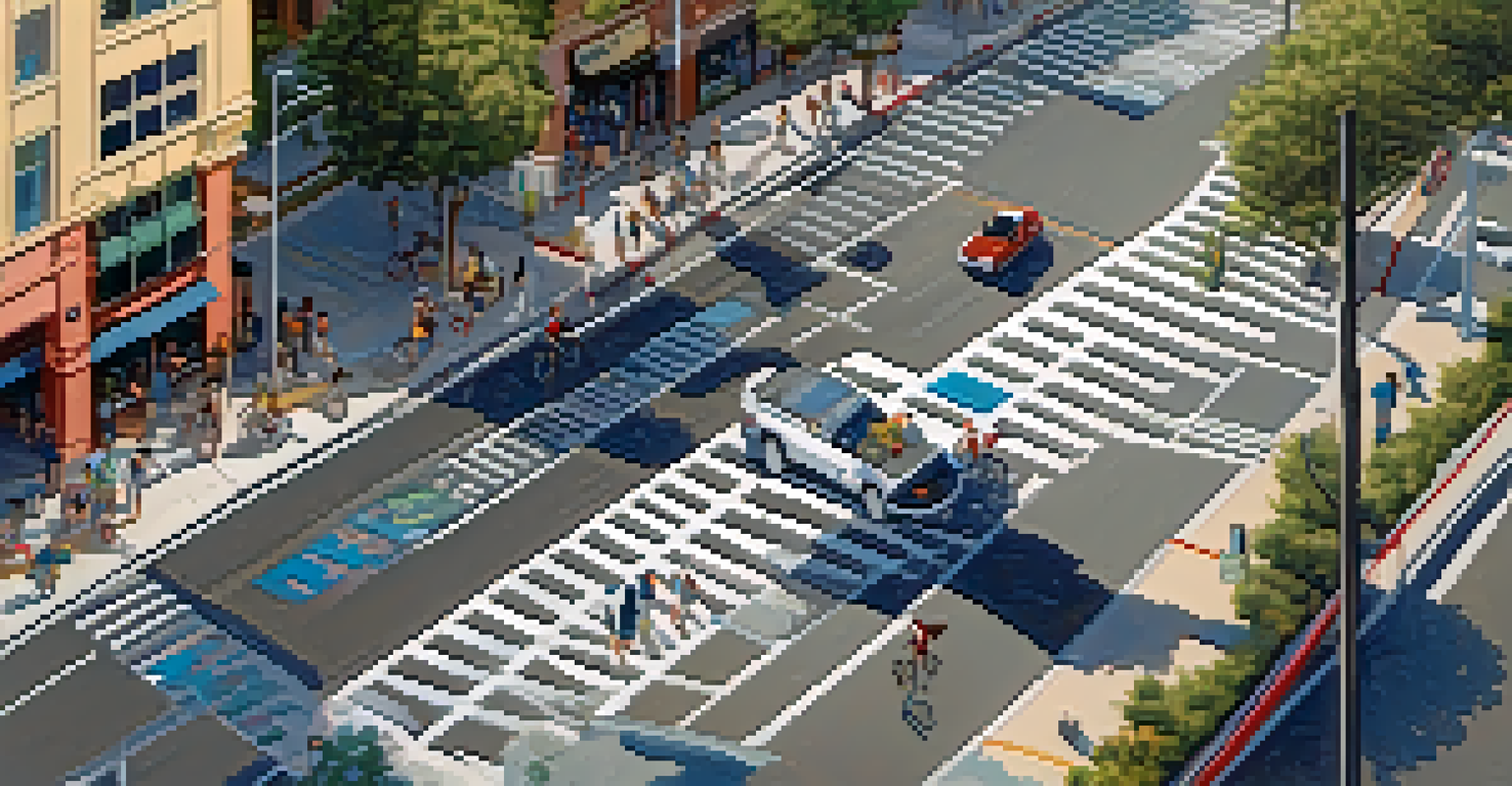 An aerial view of a busy intersection in Pasadena showing cyclists using marked bike lanes alongside cars, with educational signage for safety.