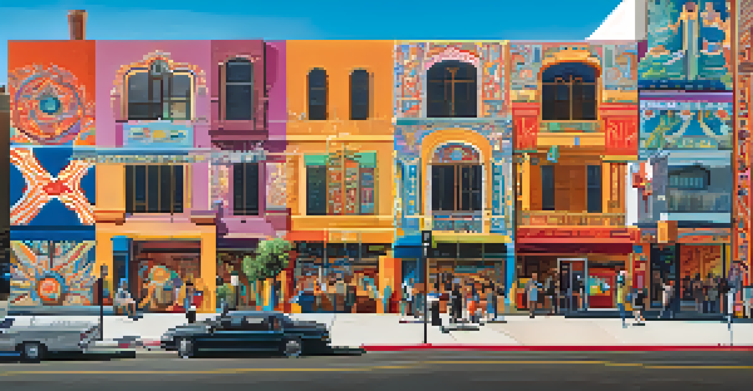 A colorful mural in Pasadena's Playhouse District, depicting themes of community and cultural identity, with residents engaging with the artwork.