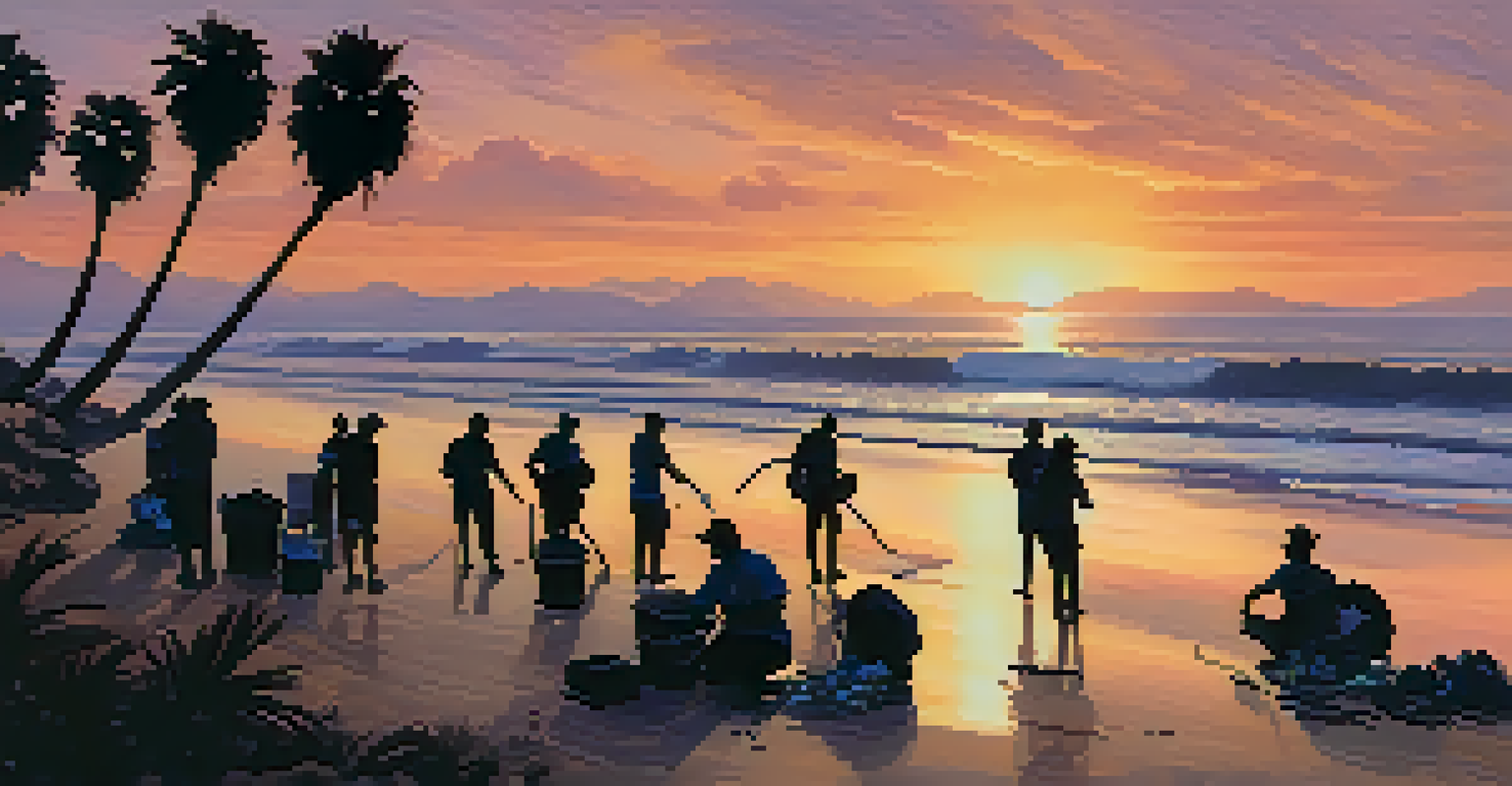 A beautiful sunset at the California coastline with volunteers cleaning the beach, surrounded by palm trees.