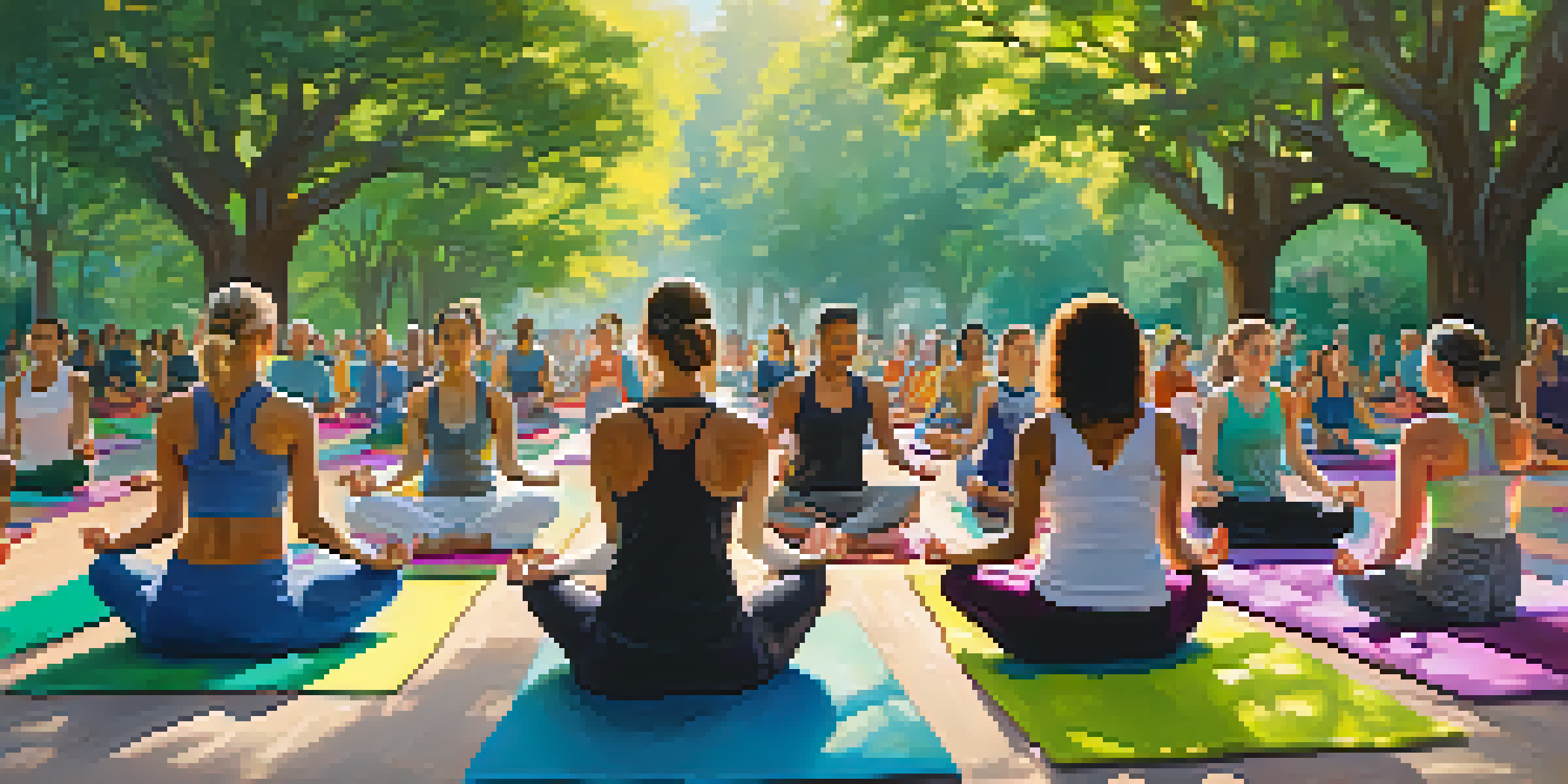 A peaceful outdoor yoga class in a park with diverse participants practicing on colorful mats under sunlight filtering through trees.