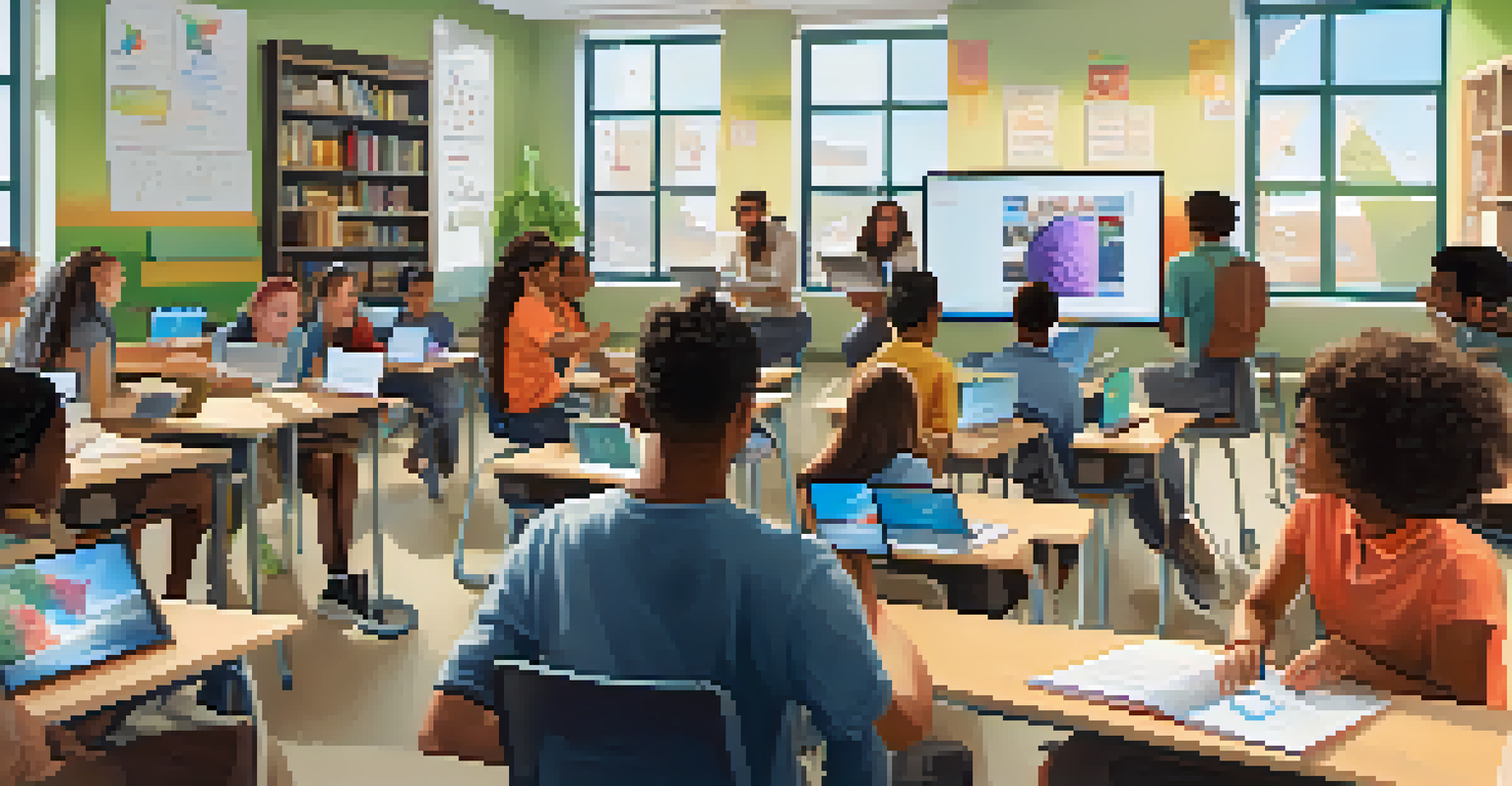 A group of students participating in a virtual learning session in a bright classroom with laptops and an interactive whiteboard.