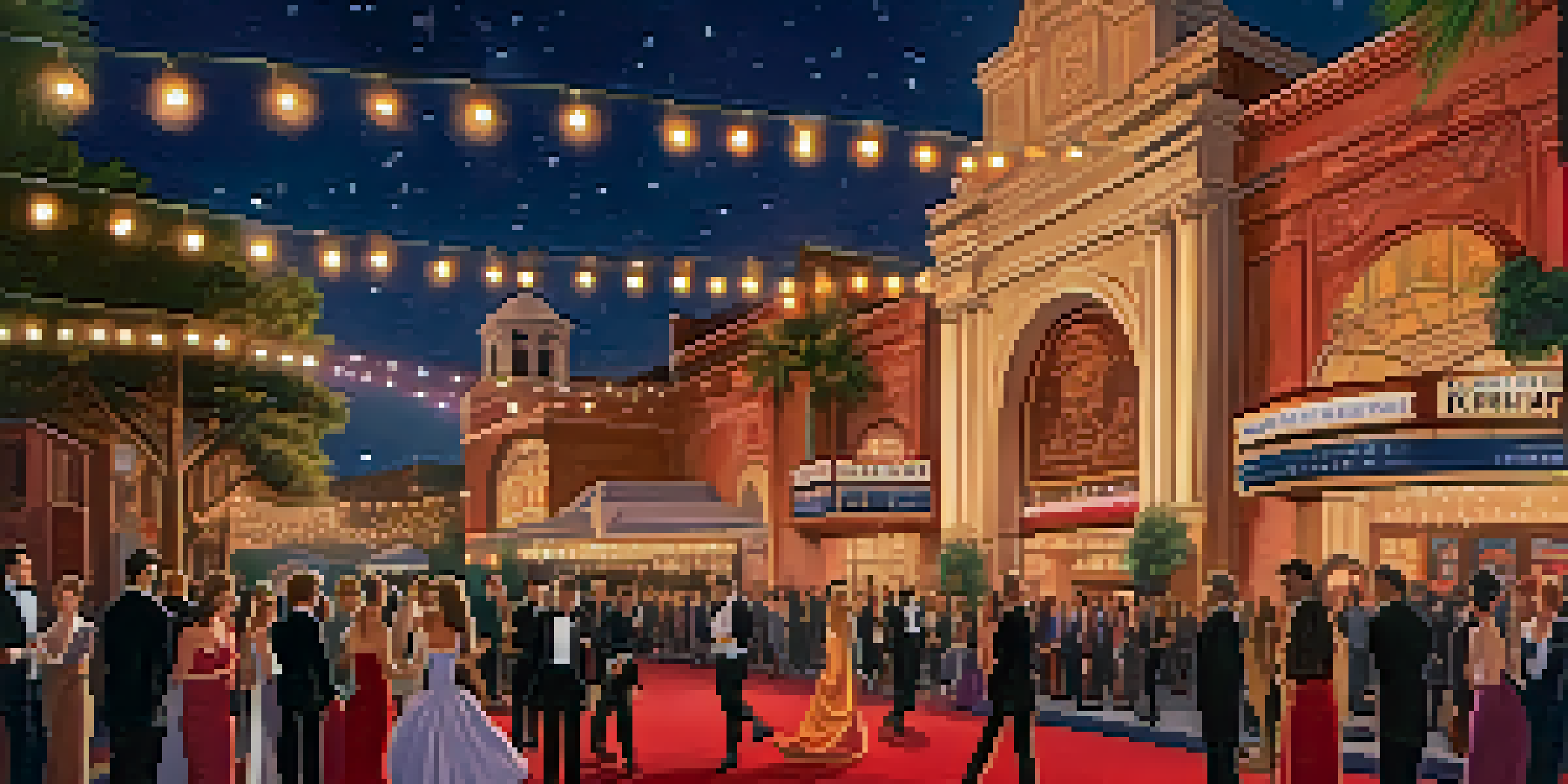 A colorful red carpet event at the Pasadena Film Festival with attendees dressed elegantly in front of the lit Pasadena Playhouse.