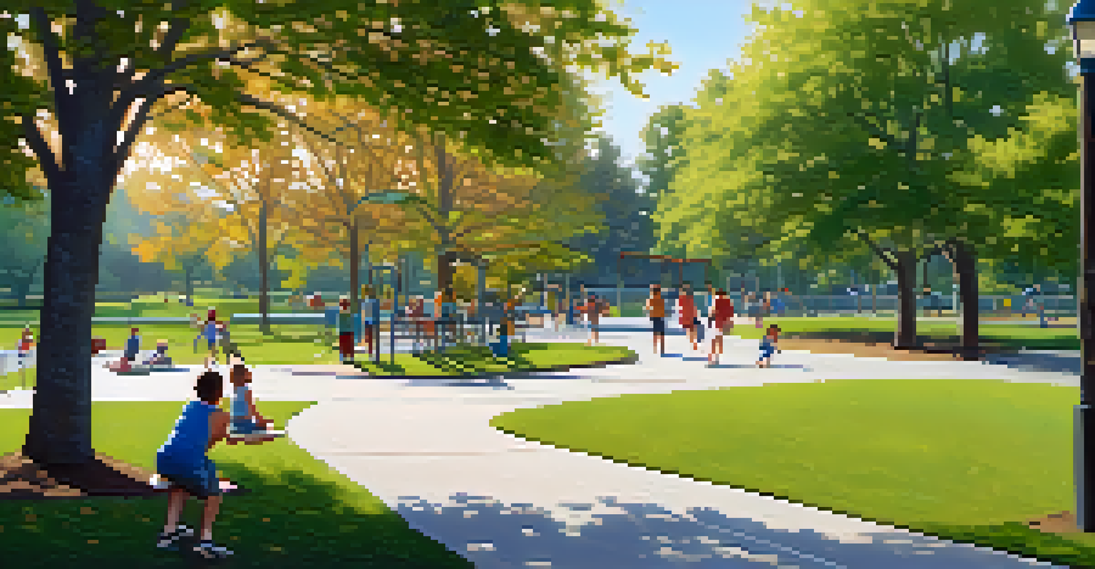 Brookside Park with parents exercising on paths and children playing on a playground, surrounded by open fields and trees in a sunny atmosphere.