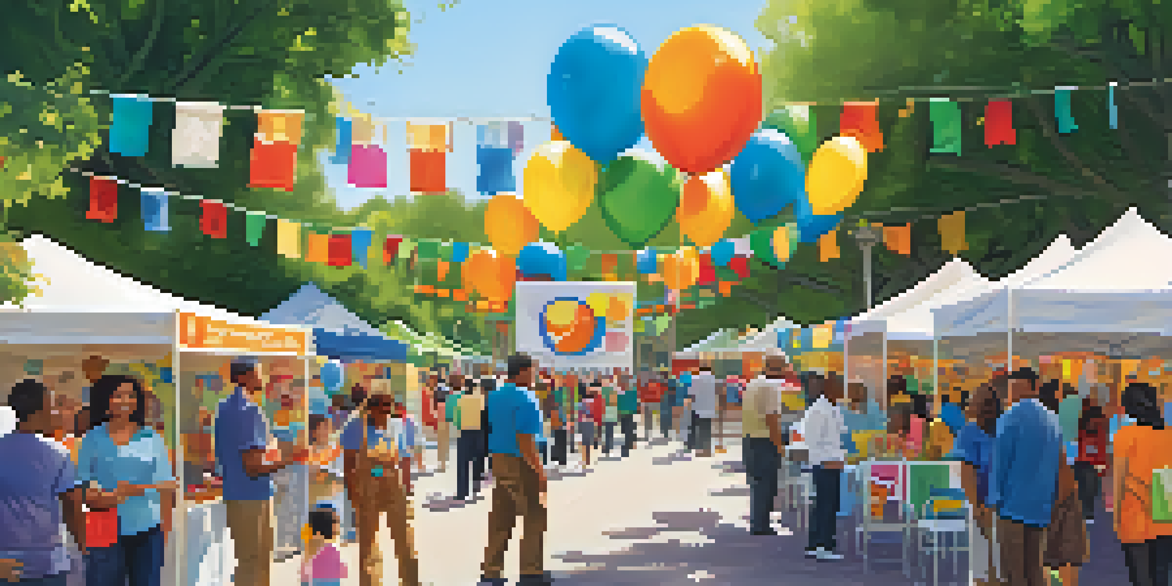 A lively community health fair with diverse families participating, colorful booths, and healthcare professionals providing information and screenings under a sunny sky.