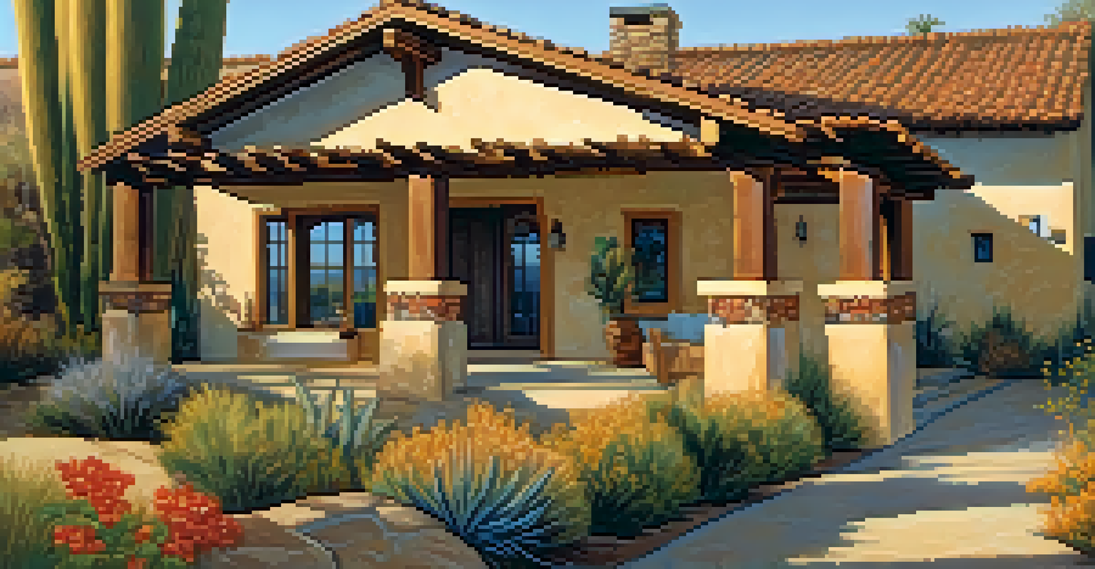 A detailed view of the Lummis Home with adobe walls and wooden beams, surrounded by native plants, illuminated by the warm golden light of sunset.
