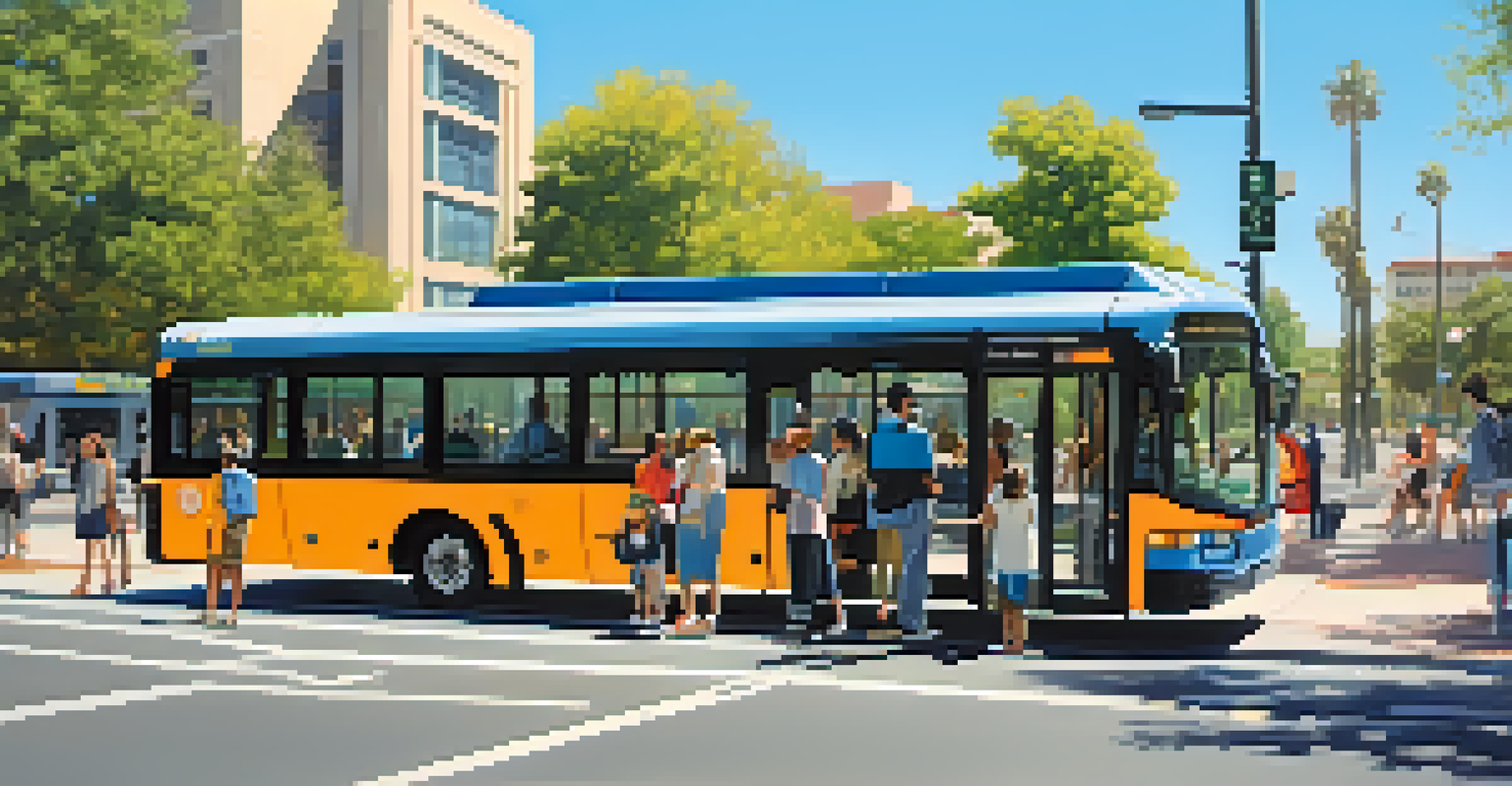 A modern electric bus in Pasadena, with people at a bus stop and contemporary buildings in the background.