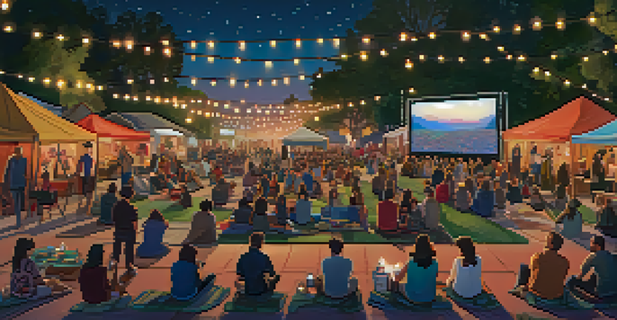 An outdoor film festival in Pasadena with a large screen, diverse audience, food trucks, and warm string lights under a night sky.