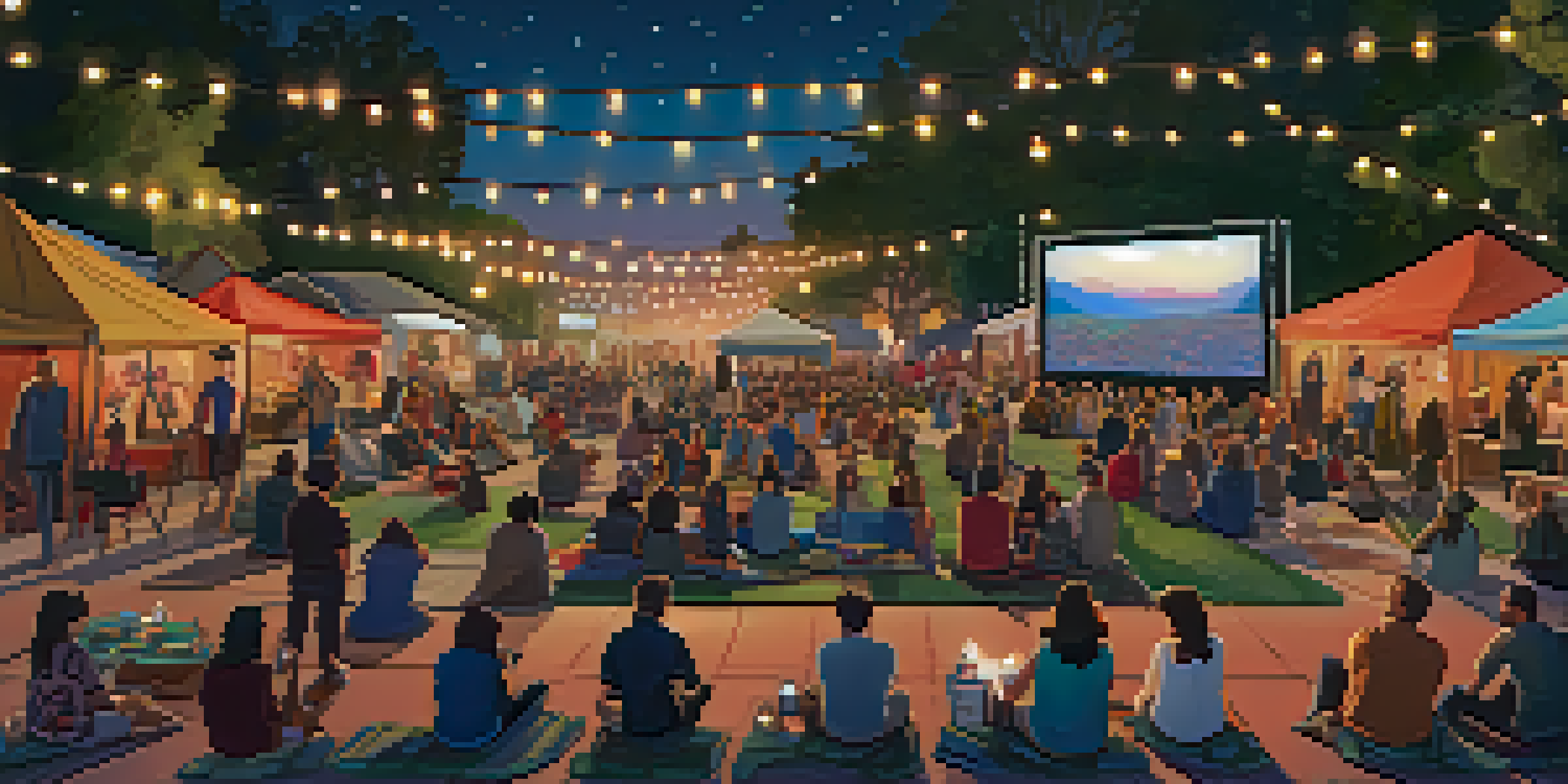 An outdoor film festival in Pasadena with a large screen, diverse audience, food trucks, and warm string lights under a night sky.