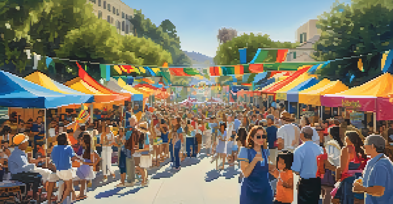 A lively scene at the Lummis Day festival in Pasadena, showcasing a crowd enjoying music, dance, and art, with colorful banners and decorations.