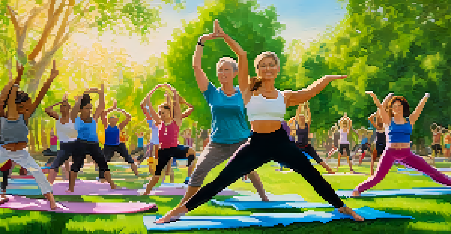 A group of participants practicing yoga in a sunny Pasadena park, led by an instructor, with green trees and blue skies in the background.