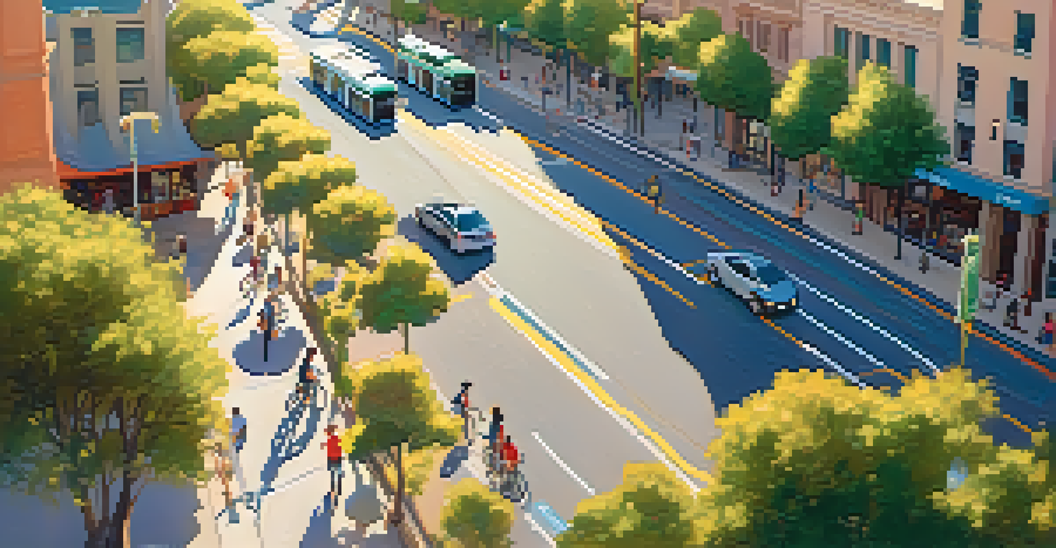 An aerial view of Pasadena showing bicycle lanes and electric vehicle charging stations, with cyclists and pedestrians enjoying the area.