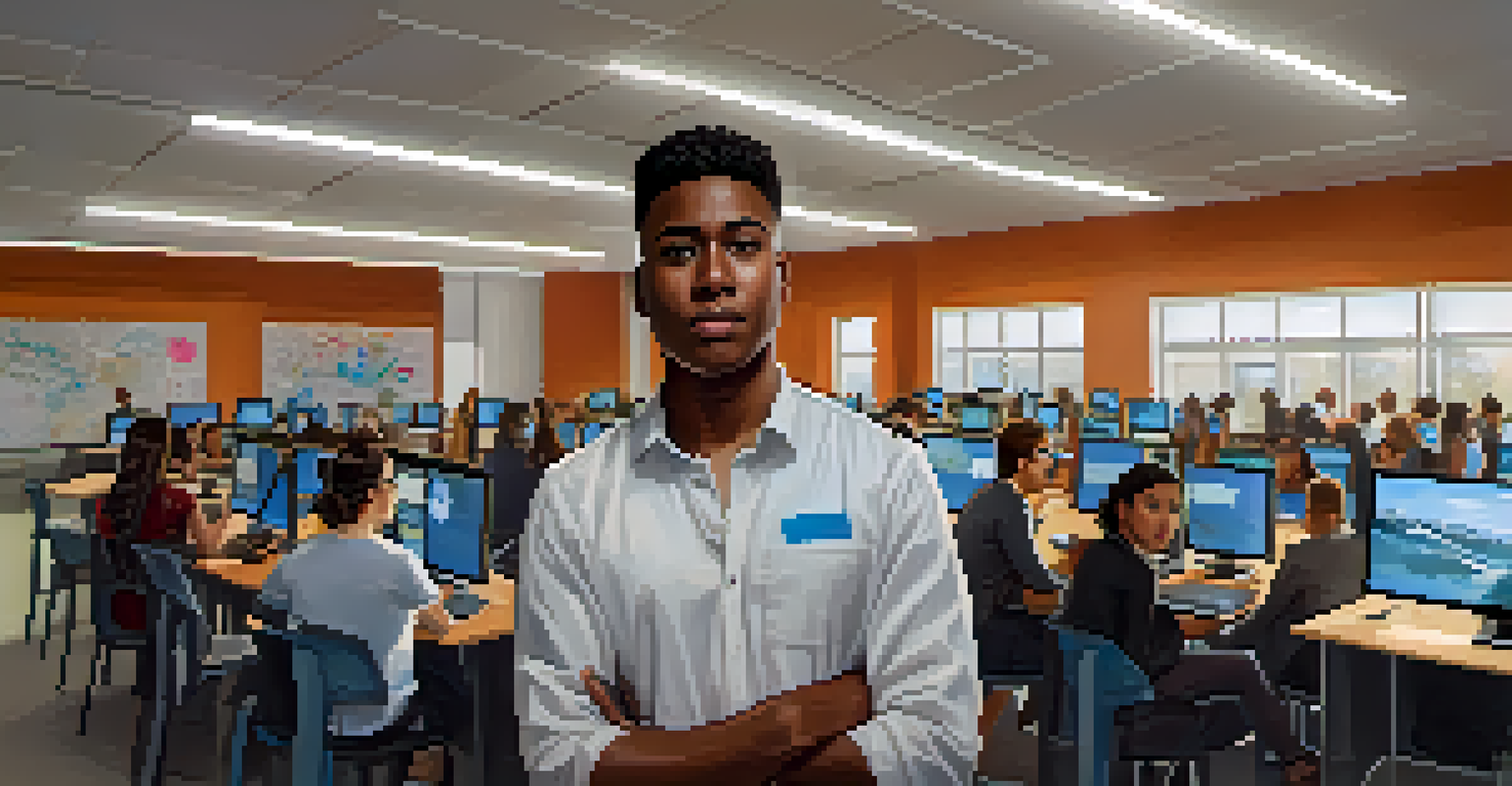 A confident student holding a laptop in a modern workspace, with peers collaborating in the background, showcasing innovation.