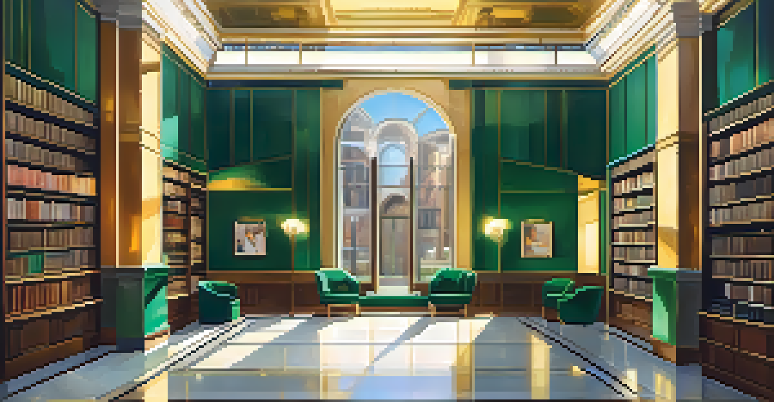 An elegant Art Deco library interior featuring polished marble floors, colorful walls, and stylized murals, illuminated by natural light.
