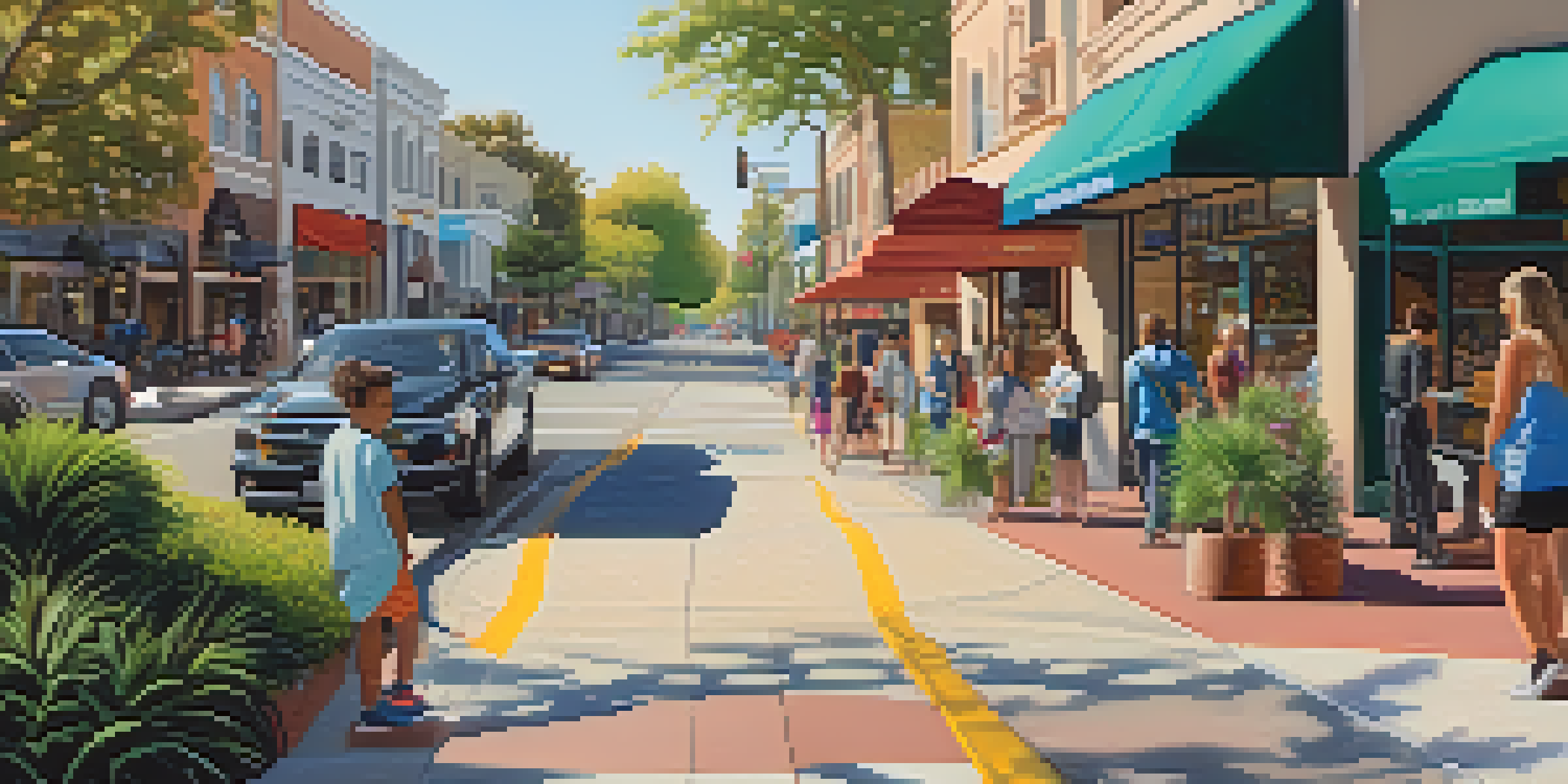 A sunny street in Pasadena with people of various abilities walking on accessible pathways, featuring curb cuts and tactile paving, surrounded by colorful shops and greenery.