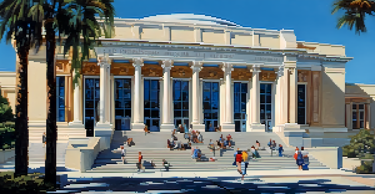 The exterior of a history museum library with bright sunlight and visitors engaging outside.