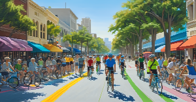 A lively street in Pasadena with cyclists riding in newly installed bike lanes, surrounded by trees and colorful flowers, and local shops in the background.