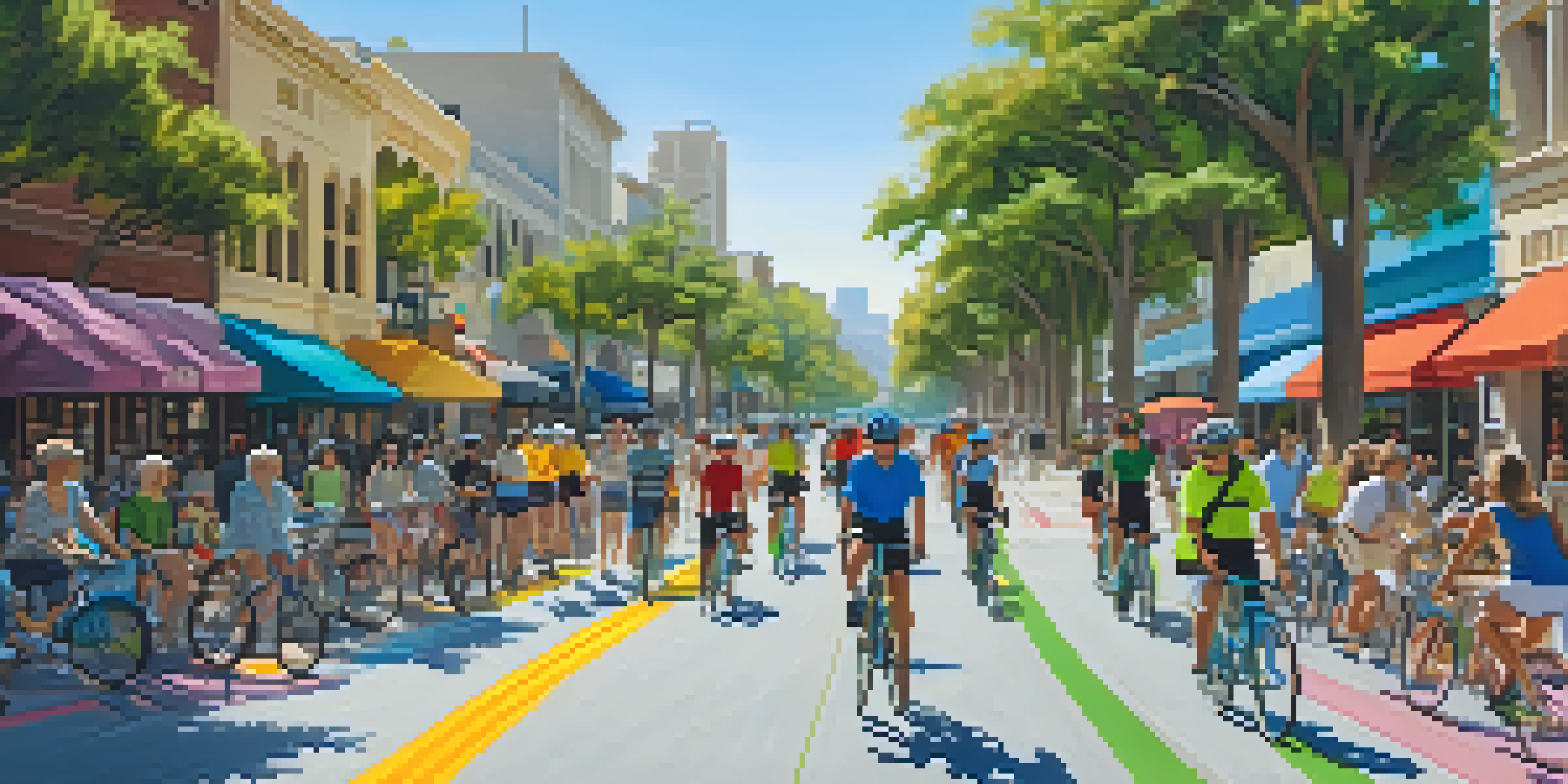 A lively street in Pasadena with cyclists riding in newly installed bike lanes, surrounded by trees and colorful flowers, and local shops in the background.