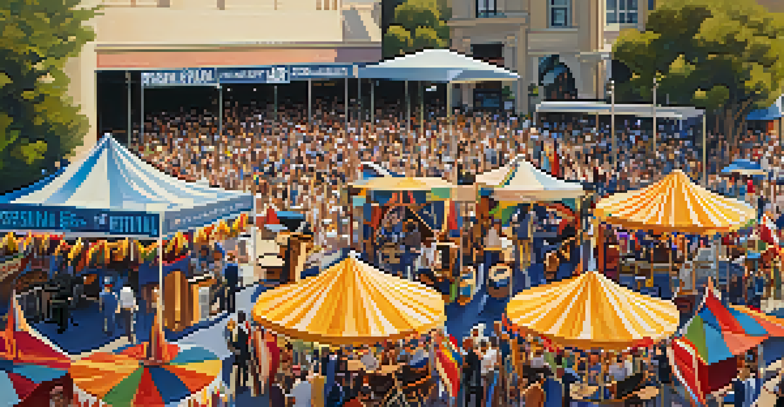 Aerial view of the Pasadena Jazz Festival with a crowd enjoying live jazz music under the sun, musicians on stage, and colorful decorations.