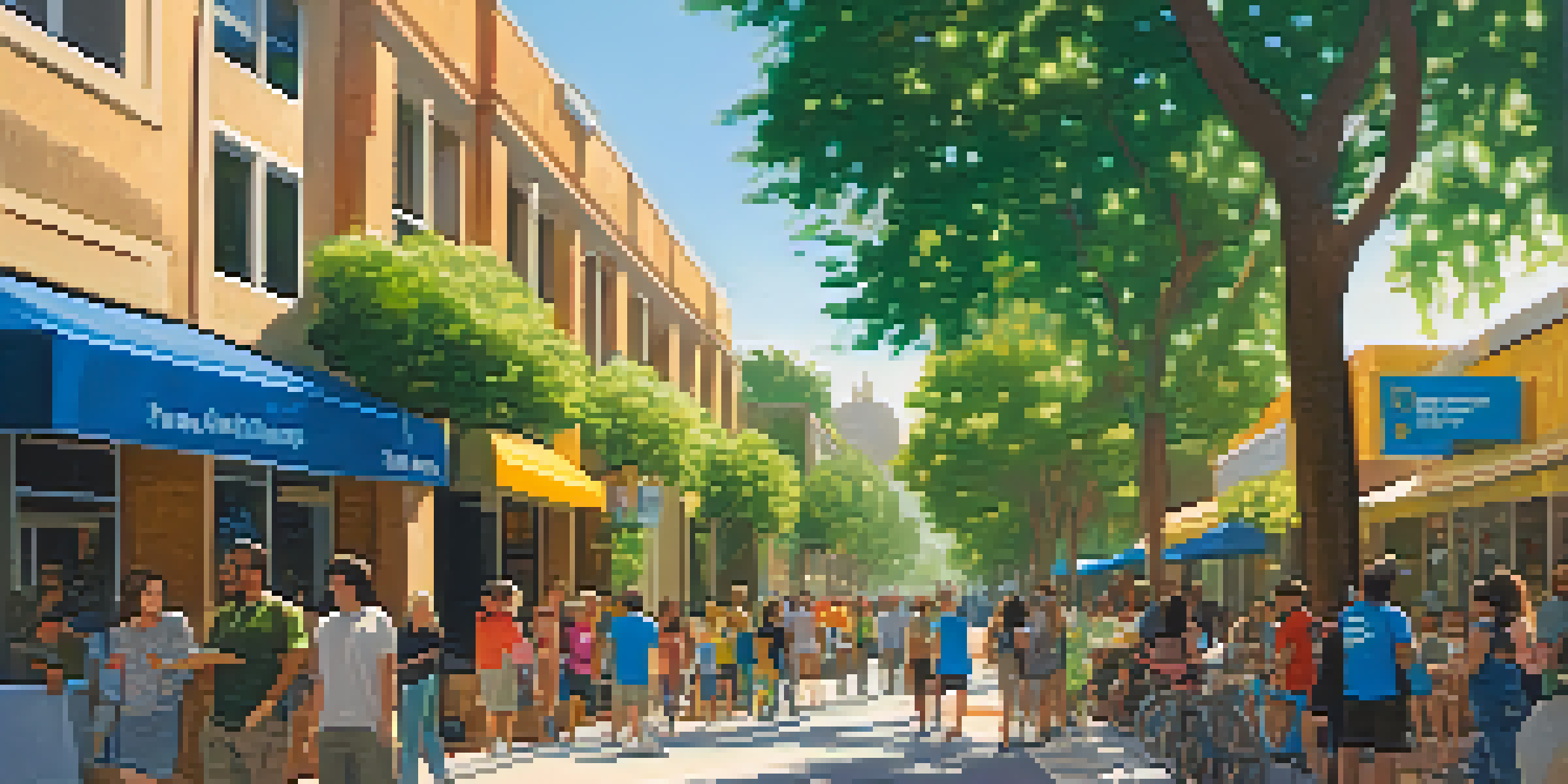 A sunny Pasadena street with green trees, solar panels on rooftops, and diverse people participating in a workshop about renewable energy.