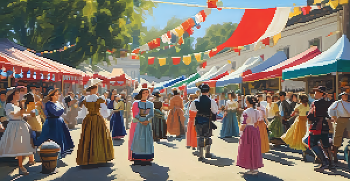 A seasonal festival at a history museum, with families enjoying live demonstrations and historical reenactors in costumes.