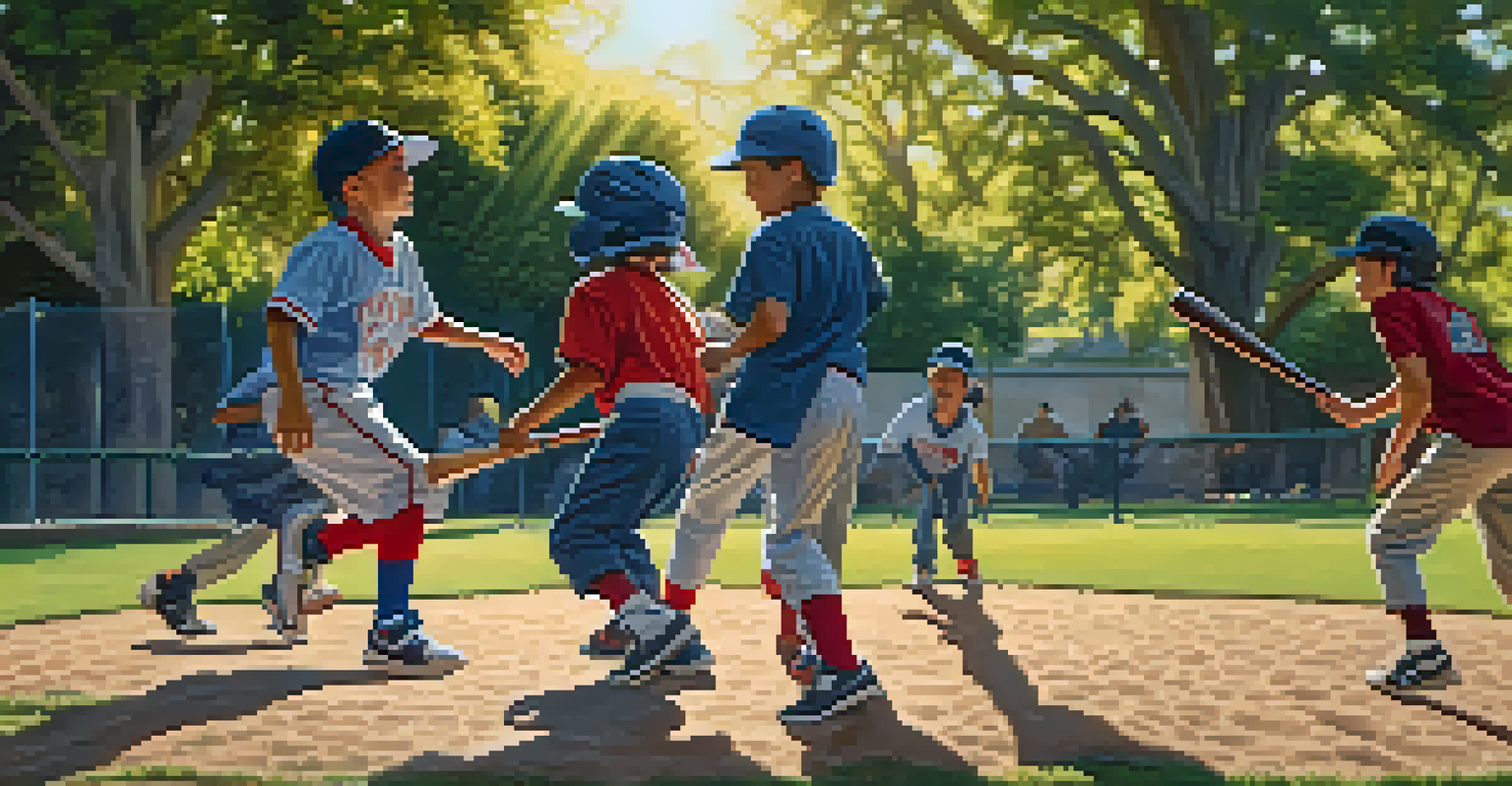Close-up of young children practicing baseball in a Pasadena park, with a boy swinging a bat under the sunlight.