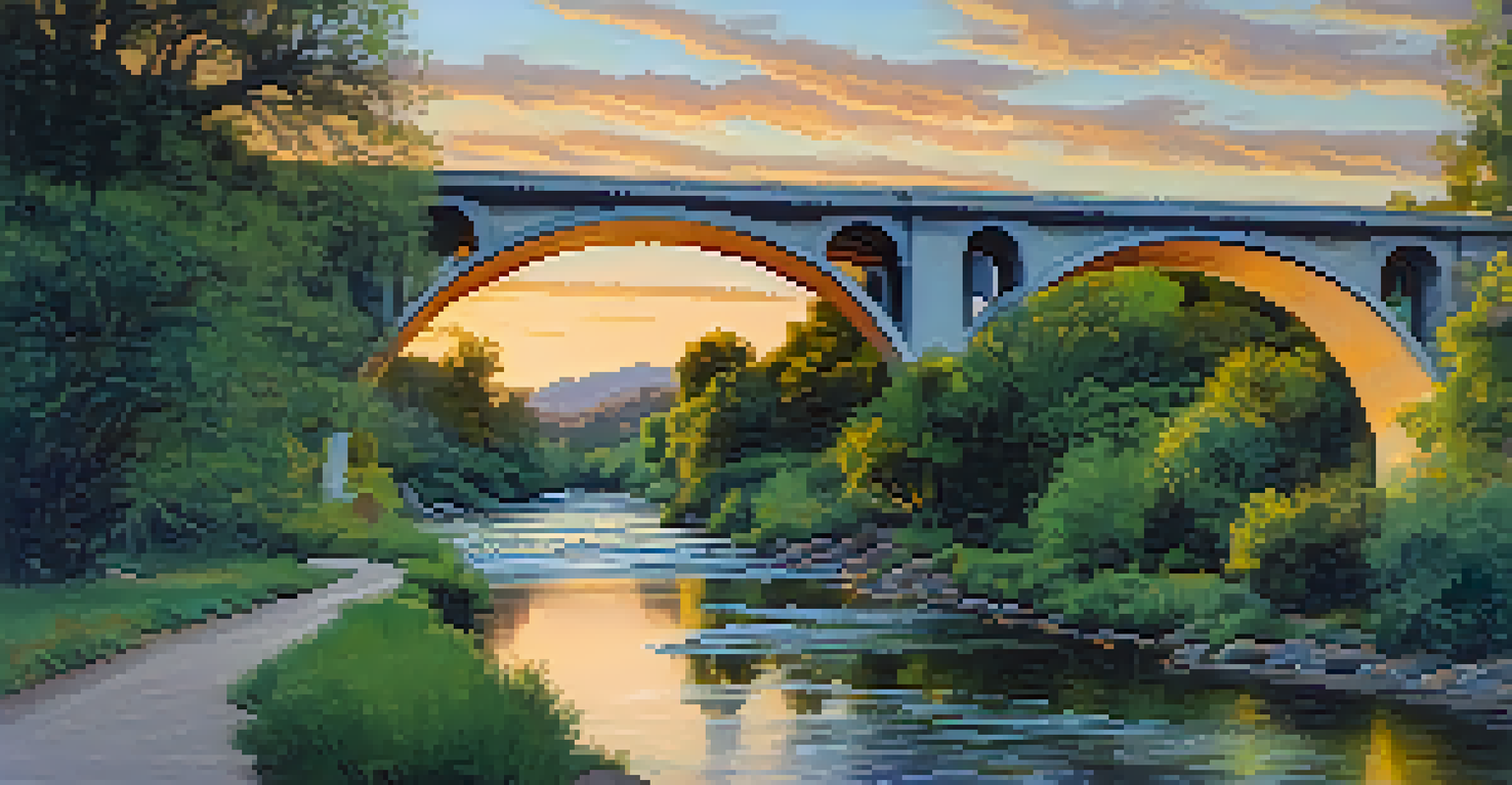 The Colorado Street Bridge at sunset, reflecting in the water below, surrounded by greenery and wildflowers.