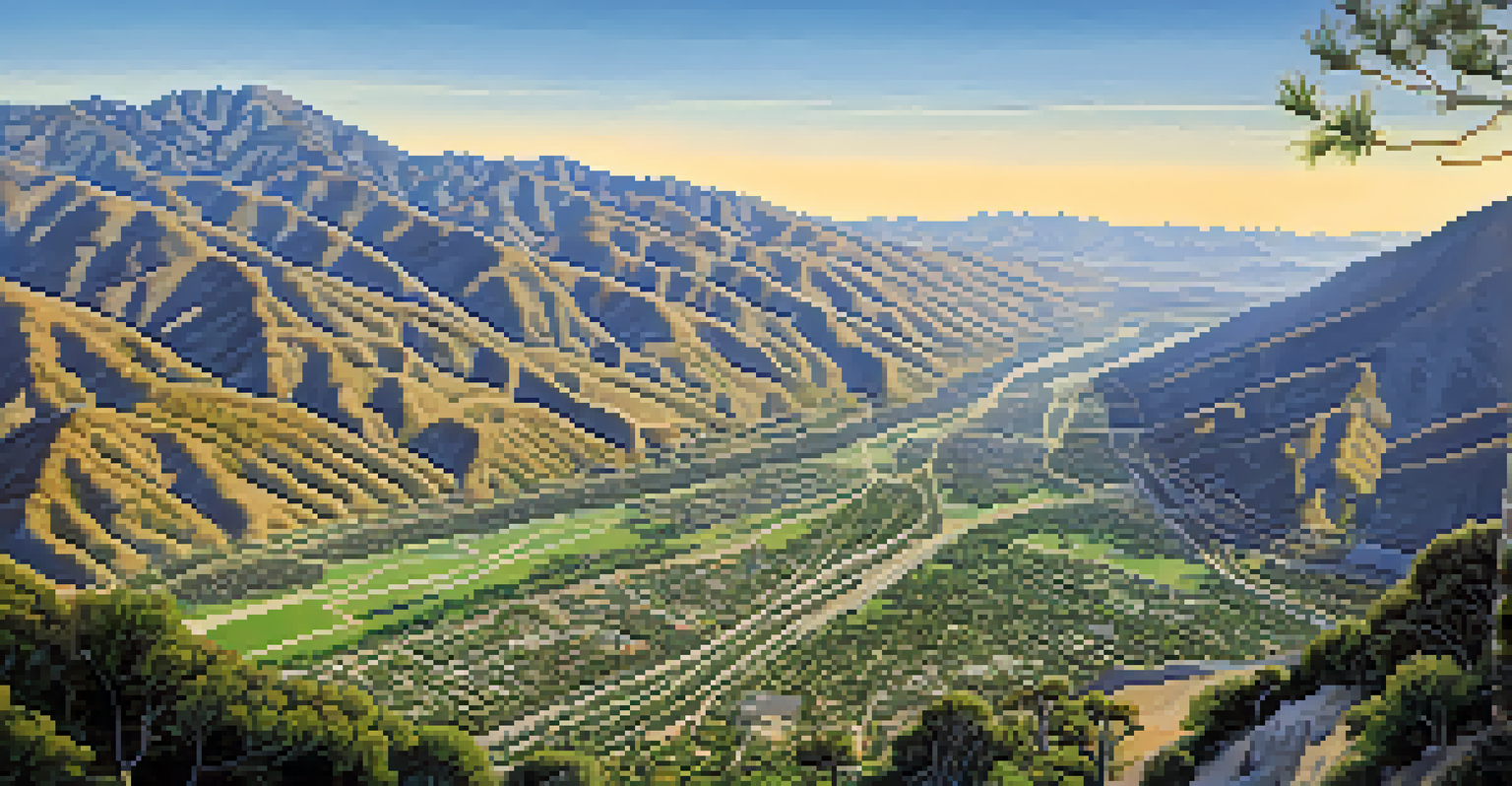 An aerial view of Arroyo Seco showcasing hiking trails and lush greenery with mountains in the background.