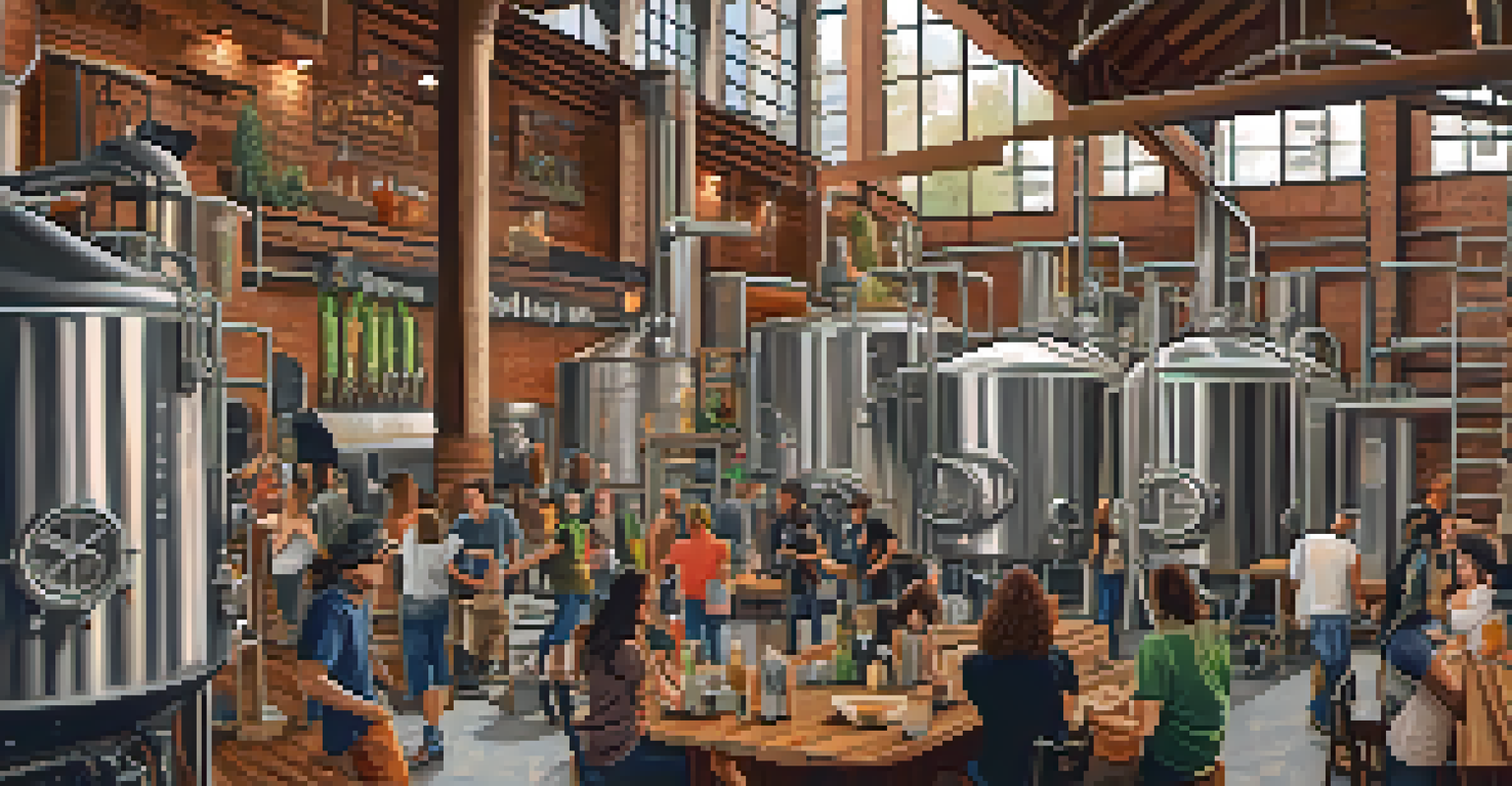 An illustration of collaboration among breweries in Pasadena, highlighting brewers working together with hops and spices around them.