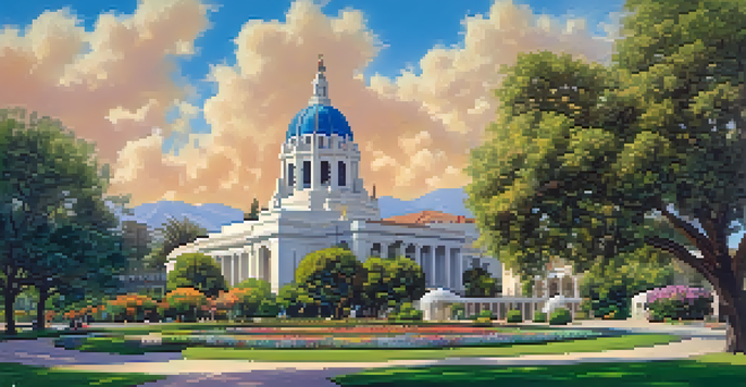 A panoramic view of Pasadena's Civic Center showcasing City Hall surrounded by gardens in spring.