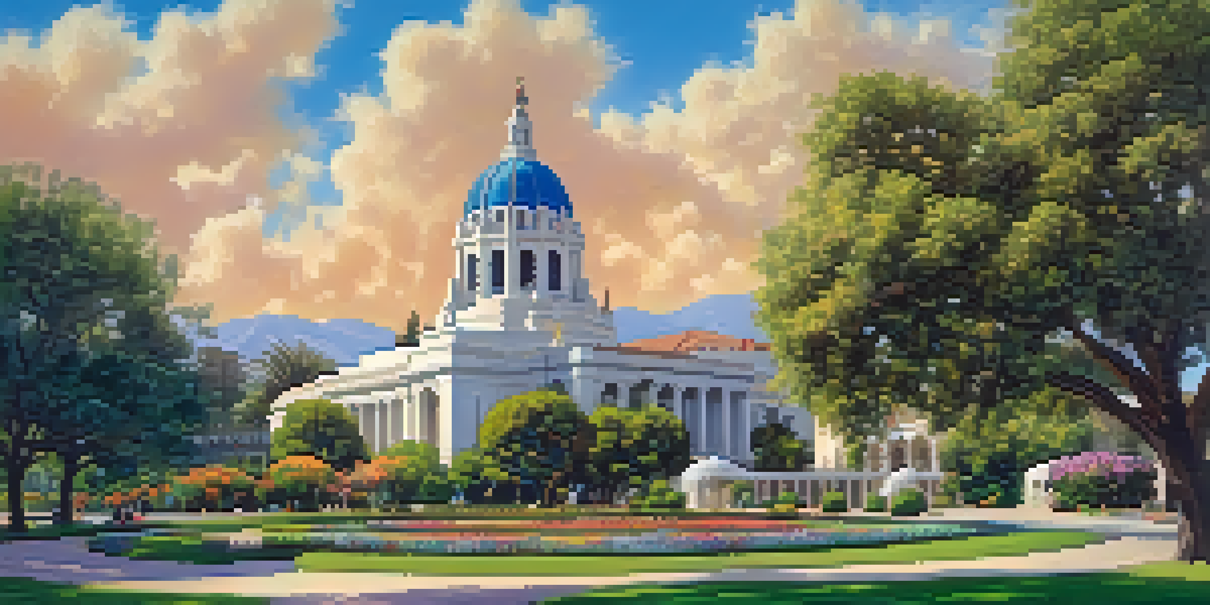 A panoramic view of Pasadena's Civic Center showcasing City Hall surrounded by gardens in spring.