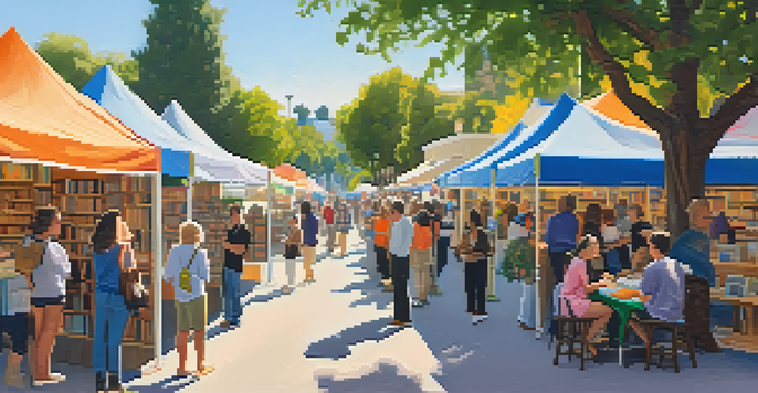 A lively outdoor literary festival in Pasadena with diverse attendees, authors signing books, and colorful tents under bright sunlight.
