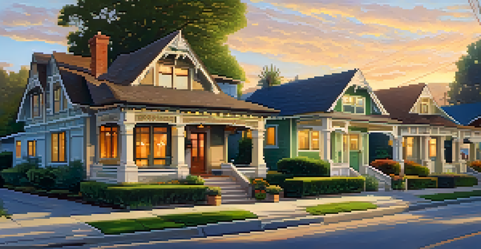 A street in Pasadena lined with Craftsman bungalows during sunset, featuring warm light and vibrant flowers.
