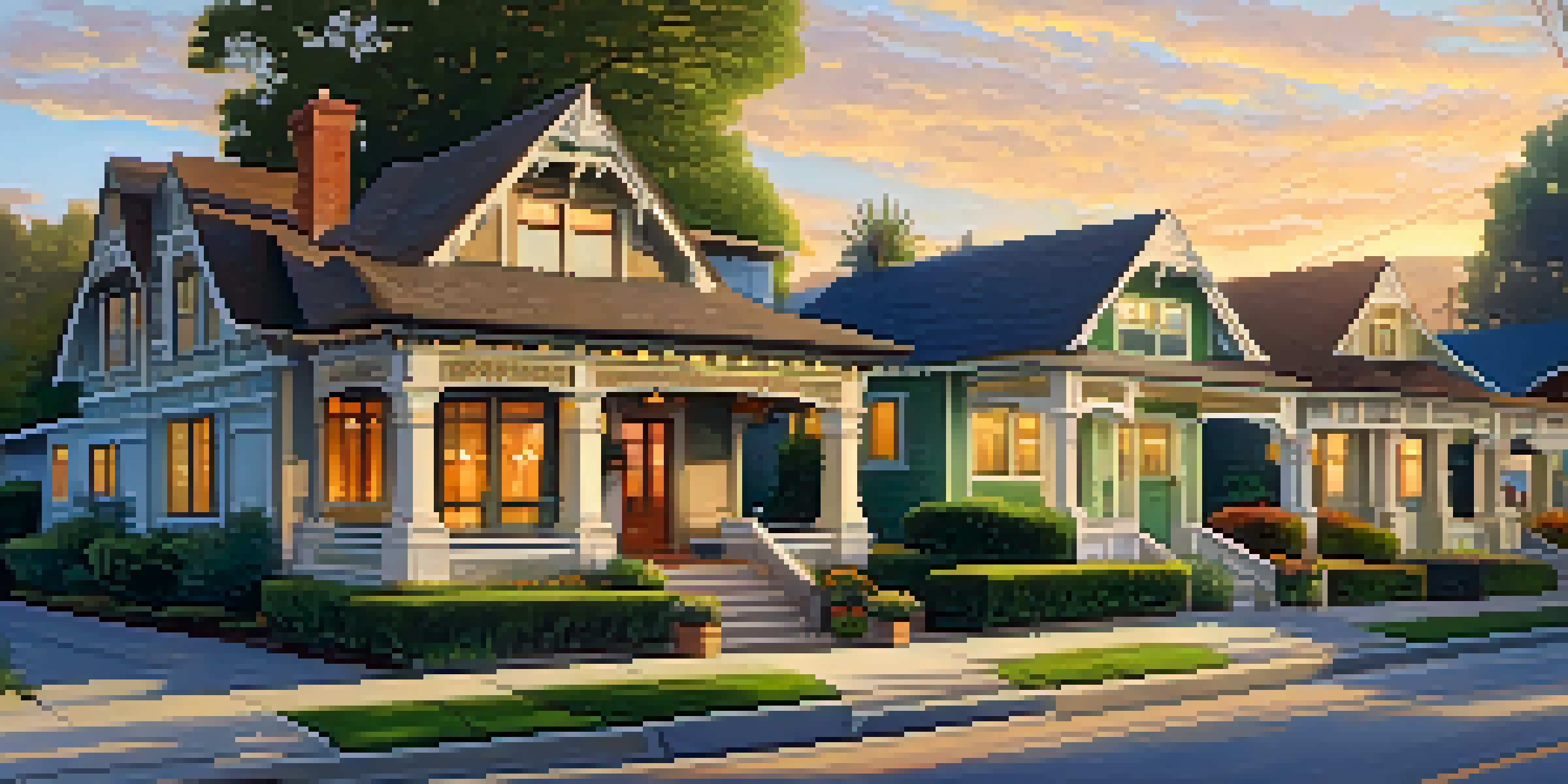 A street in Pasadena lined with Craftsman bungalows during sunset, featuring warm light and vibrant flowers.