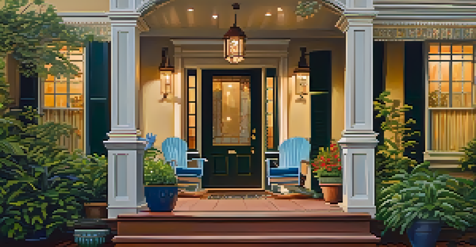A charming Victorian porch with detailed woodwork and potted plants, bathed in warm golden hour light.
